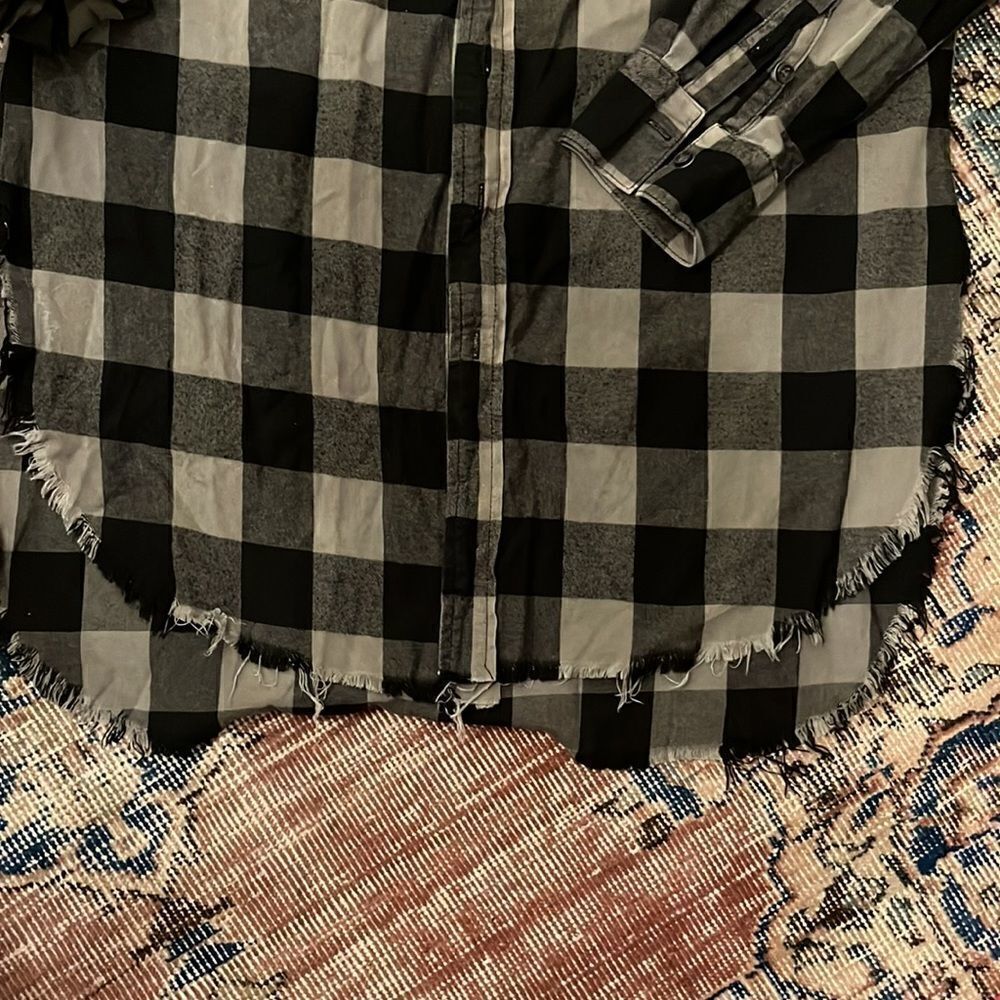 NSF Distressed Check Plaid Button Up Elongated Flannel Shirt - Picture 2 of 6
